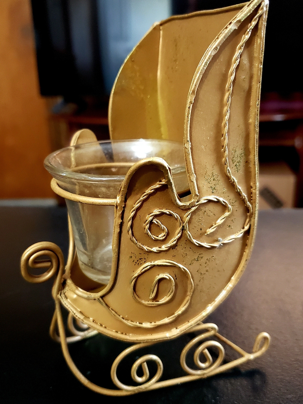 Gold Decorative Metal Santa Sleigh Votive Holder with Glass Cup